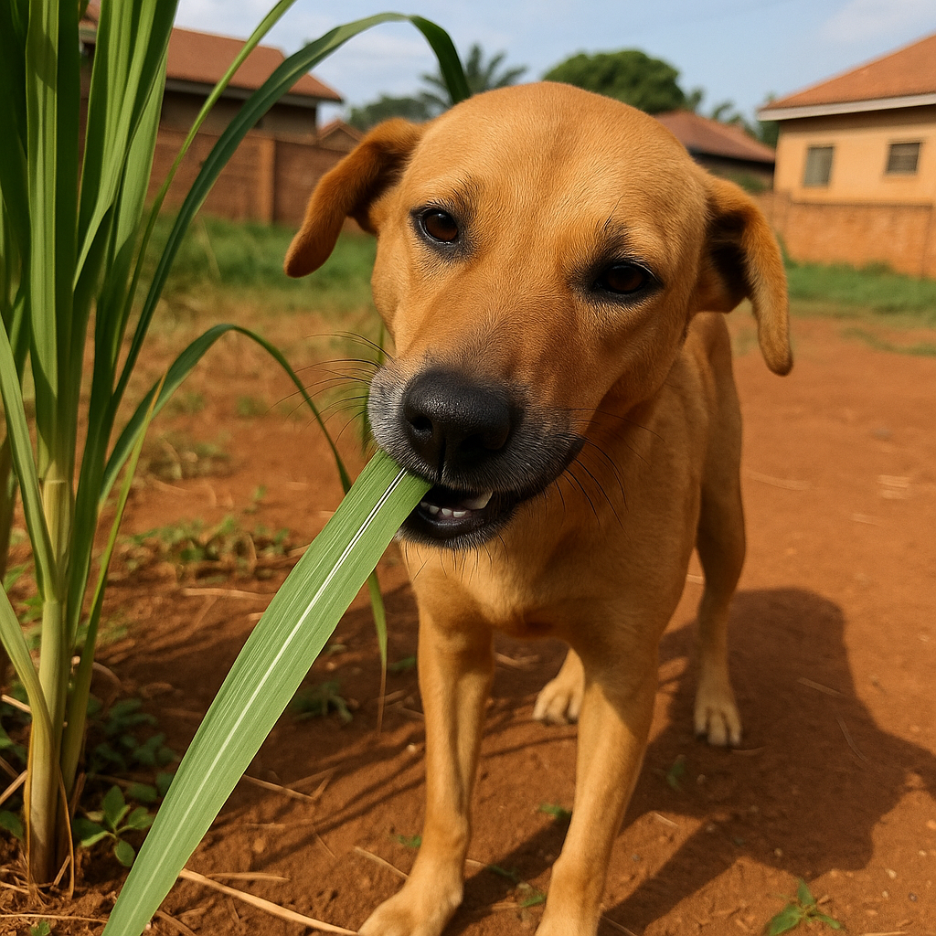 Dog chewing elephant grass in Ndejje Kampala