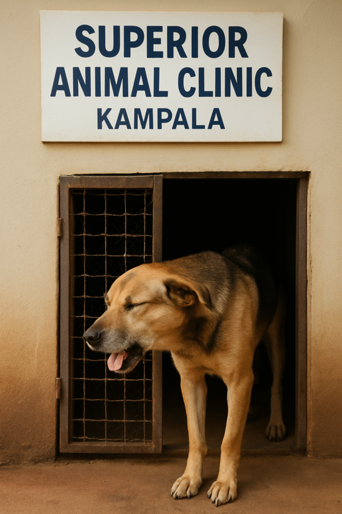 Dog coughing at the entrance of a kennel at Superior Animal Clinic Kampala
