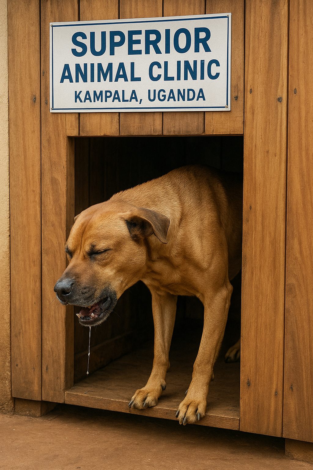 Dog coughing at the entrance of a wooden kennel at Superior Animal Clinic Kampala, Uganda, with saliva projecting from its mouth