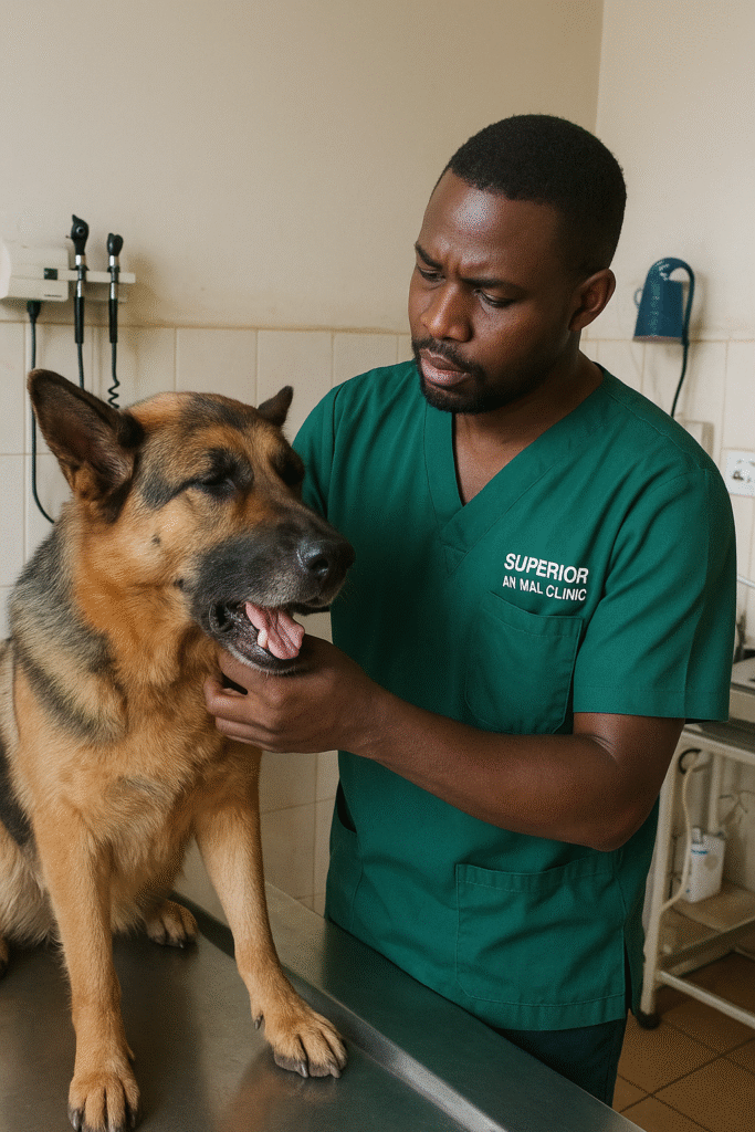 Dog coughing being examined by vet in Kampala Uganda at Superior Animal Clinic