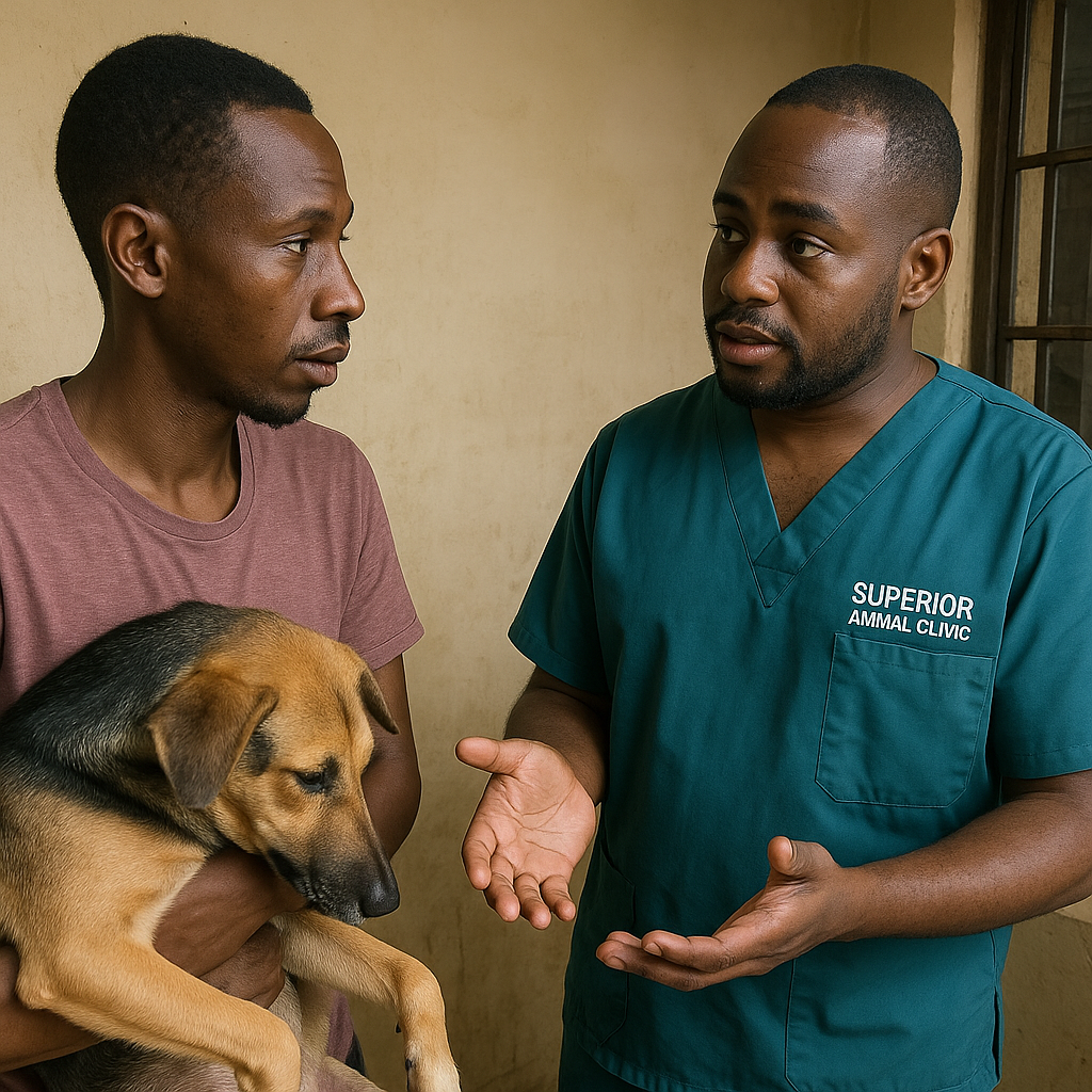 “Dog owner consulting a vet in Kampala about swollen testicles in dogs at Superior Animal Clinic