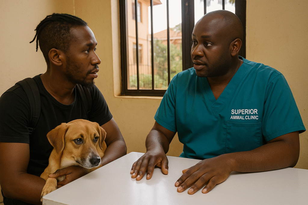 Dog owner consulting vet for loss of appetite in Bugolobi, Kololo, and Rubaga Kampala