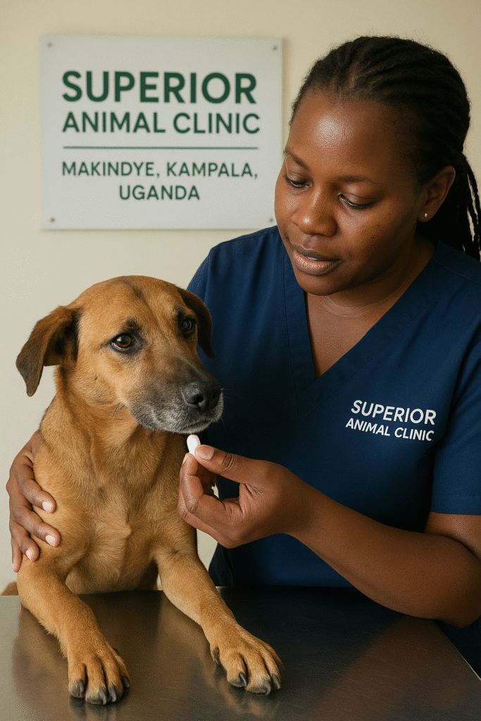 Dog receiving anti-seizure medication at Superior Animal Clinic Makindye Kampala