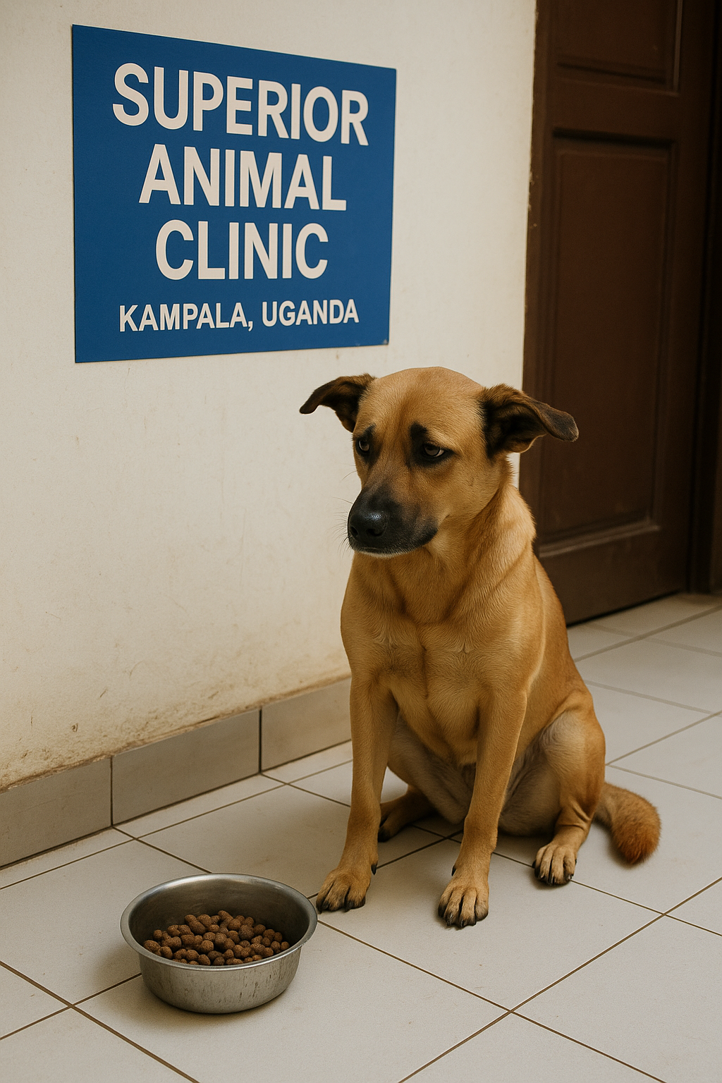 Dog refusing to eat food from a bowl at Superior Animal Clinic in Kampala, Uganda
