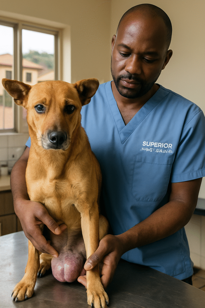 Dog with swollen balls being checked by vet Makindye Kampala