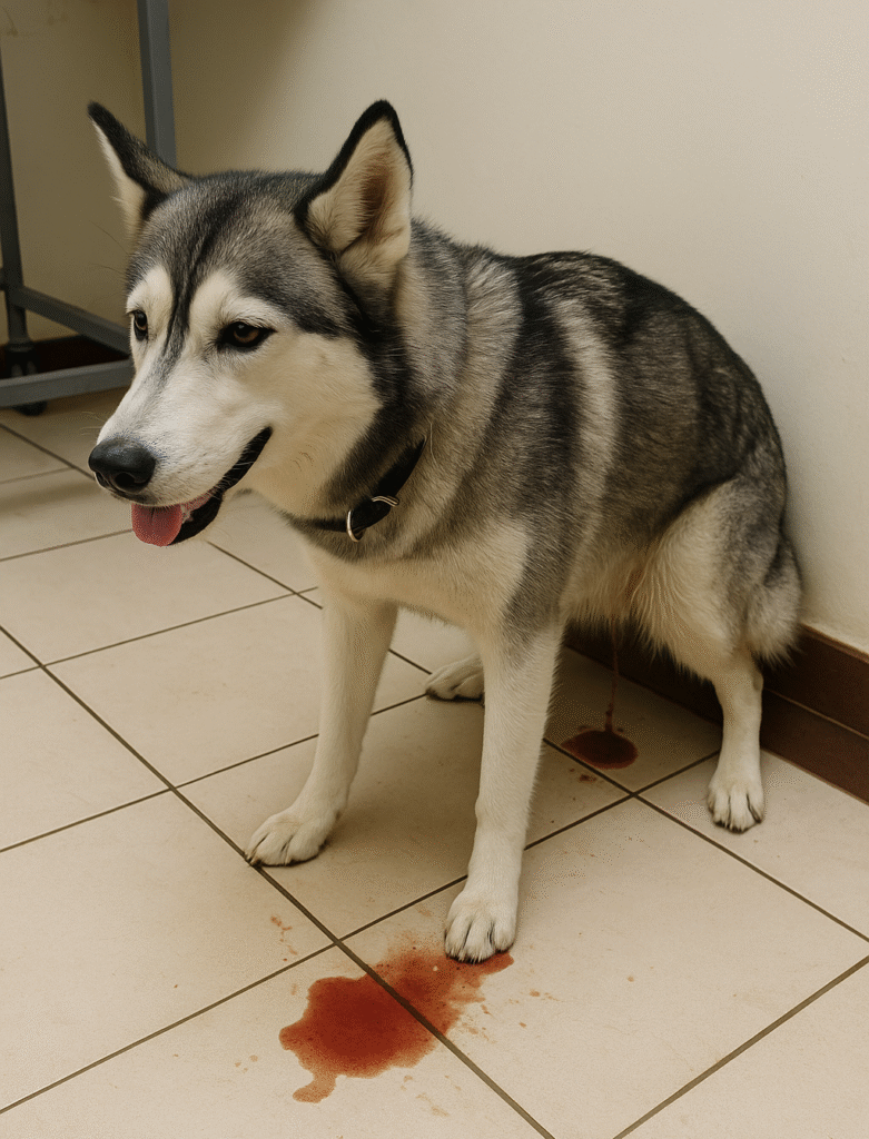 Female Siberian Husky dog passing bloody urine on the clinic floor at Superior Animal Clinic in Kampala, Uganda