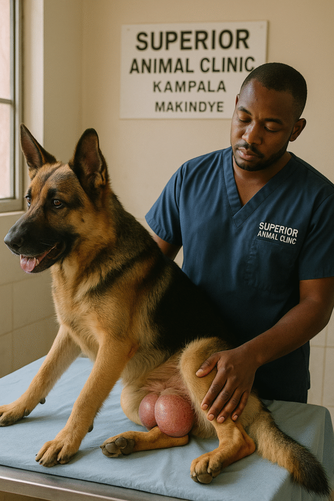 German Shepherd with swollen testicles receiving treatment at Superior Animal Clinic Kampala