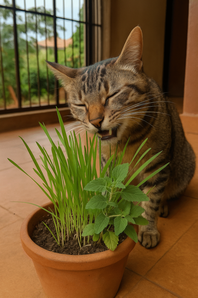 Indoor cat chewing safe cat grass (wheatgrass and catnip) in Ntinda, Kampala