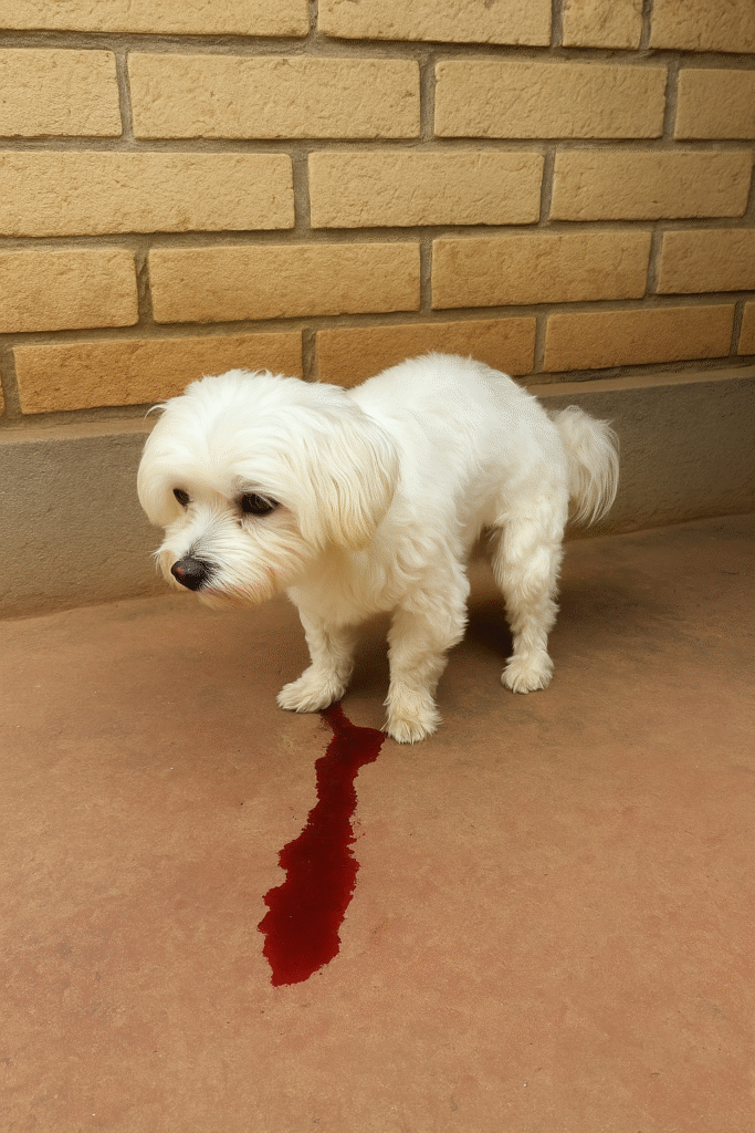 Male Maltese dog passing bloody urine on clinic floor at Superior Animal Clinic, Kampala, Uganda