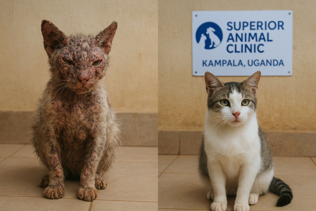 Mange-infected cat before and after treatment at Superior Animal Clinic Kampala
