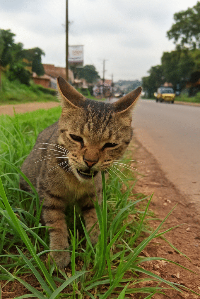 Outdoor cat chewing roadside grass in Kasubi, Kampala