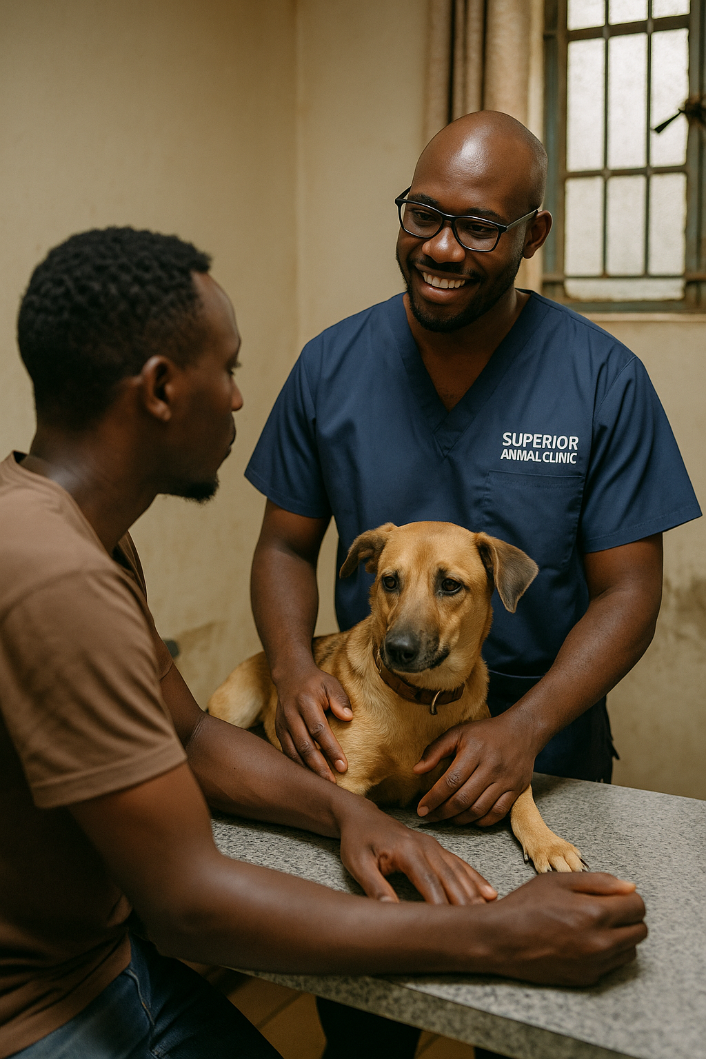 Pet health consultation between a dog owner and vet at Superior Animal Clinic, Kampala, Uganda