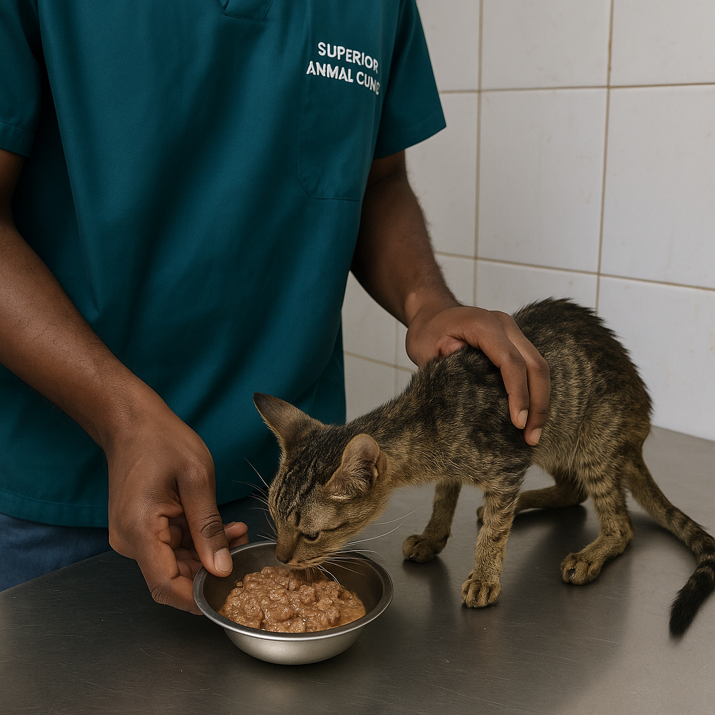 Underweight cat being fed nutritious diet at Superior Animal Clinic