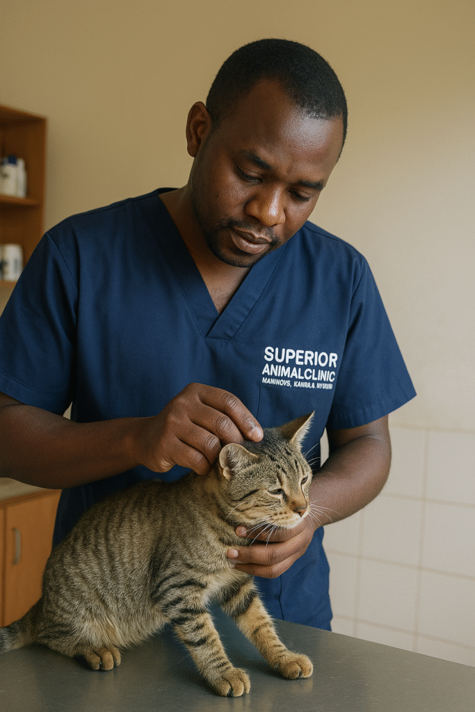 Vet examining a cat for scratching at Superior Animal Clinic Makindye, Kampala