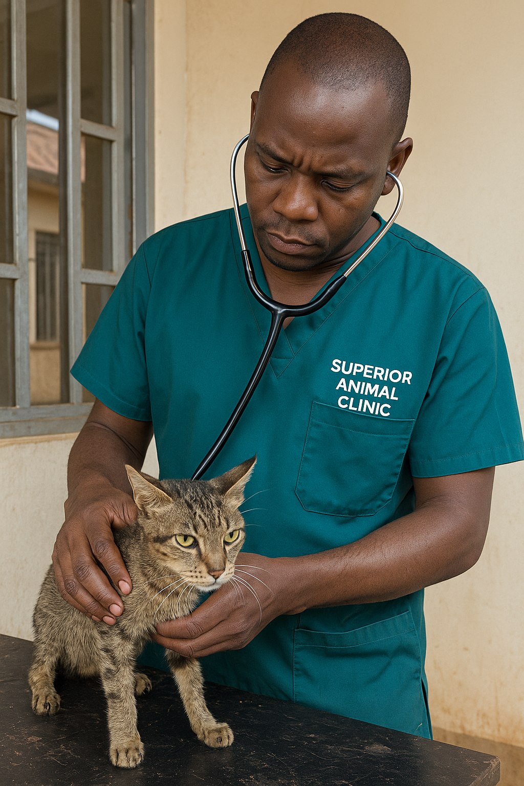Vet examining underweight cat at Superior Animal Clinic Makindye, Kampala