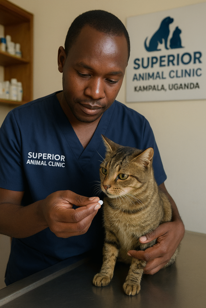 Vet in Kampala giving appetite stimulant treatment to a cat at Superior Animal Clinic