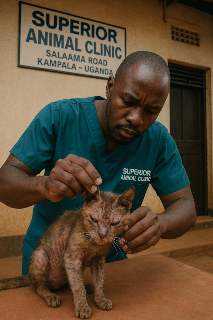 Veterinarian checking skin condition of cat with mange in Bugolobi Kampala