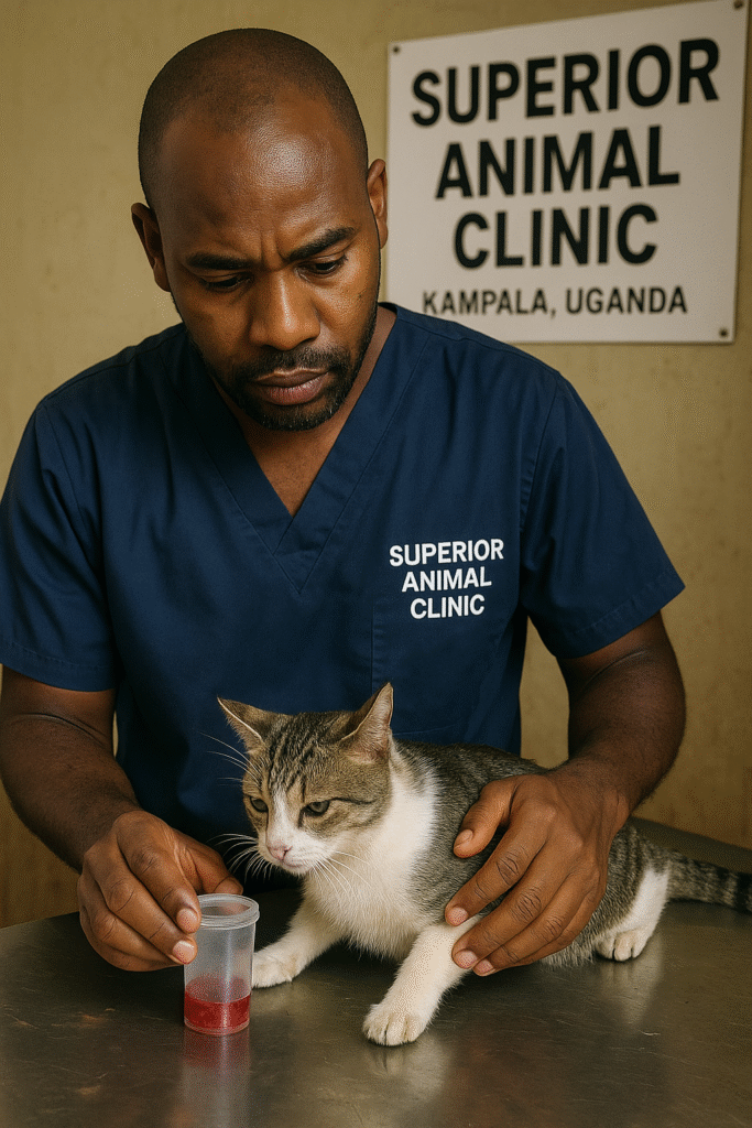 Veterinarian examining a cat with bloody urine at Superior Animal Clinic Makindye, Kampala