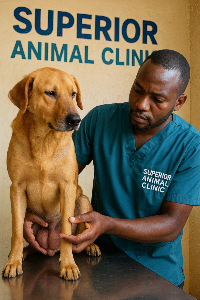 Veterinarian examining a dog with swollen balls at Superior Animal Clinic Makindye Kampala Uganda