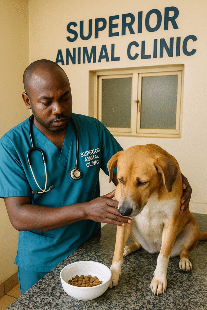 Veterinarian examining dog refusing to eat at Superior Animal Clinic Kampala