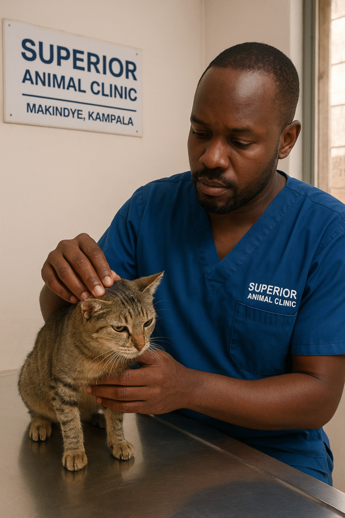 Veterinarian in Kampala treating a cat with loss of appetite at Superior Animal Clinic Makindye