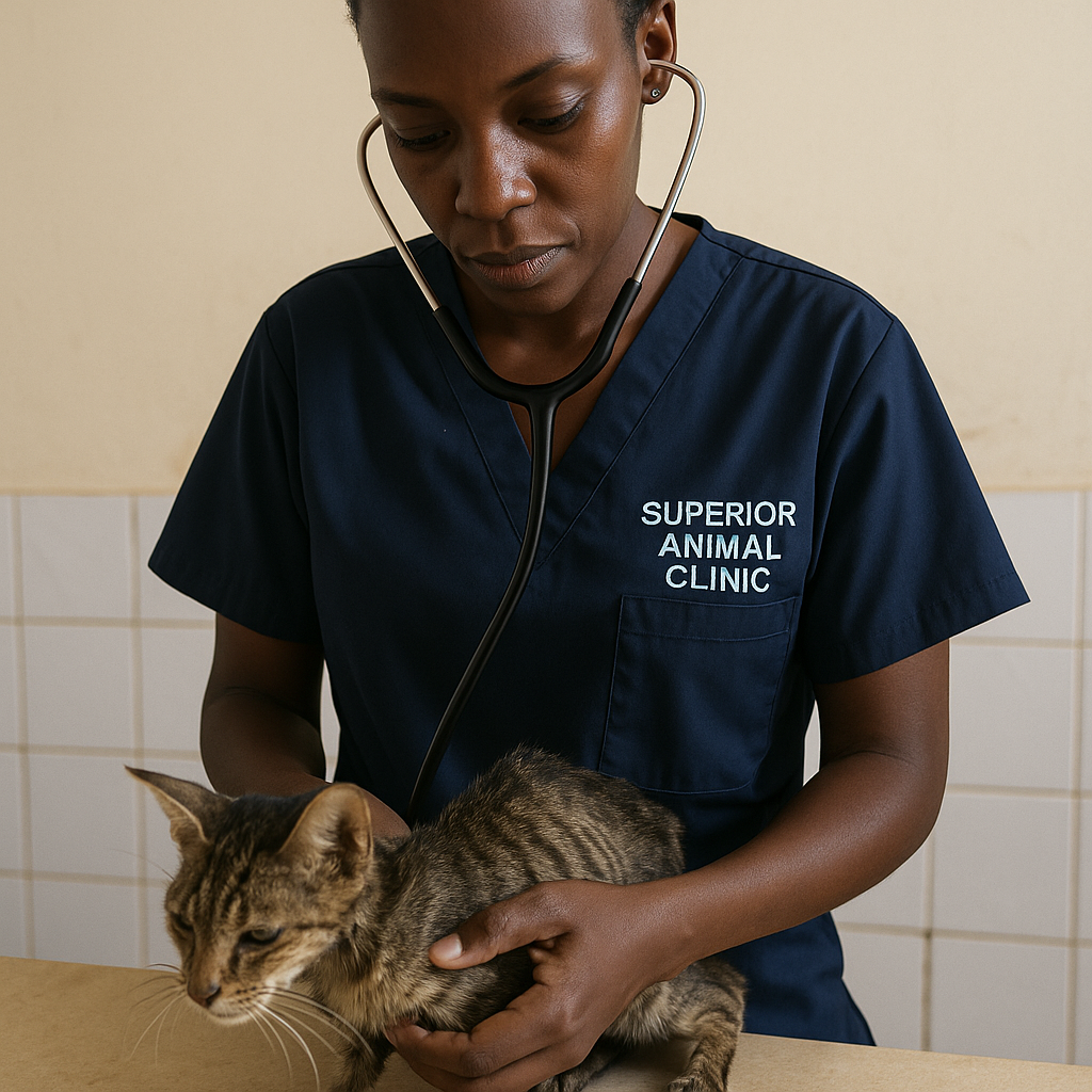 Veterinarian providing treatment plan for cat with weight loss in Kololo, Kampala