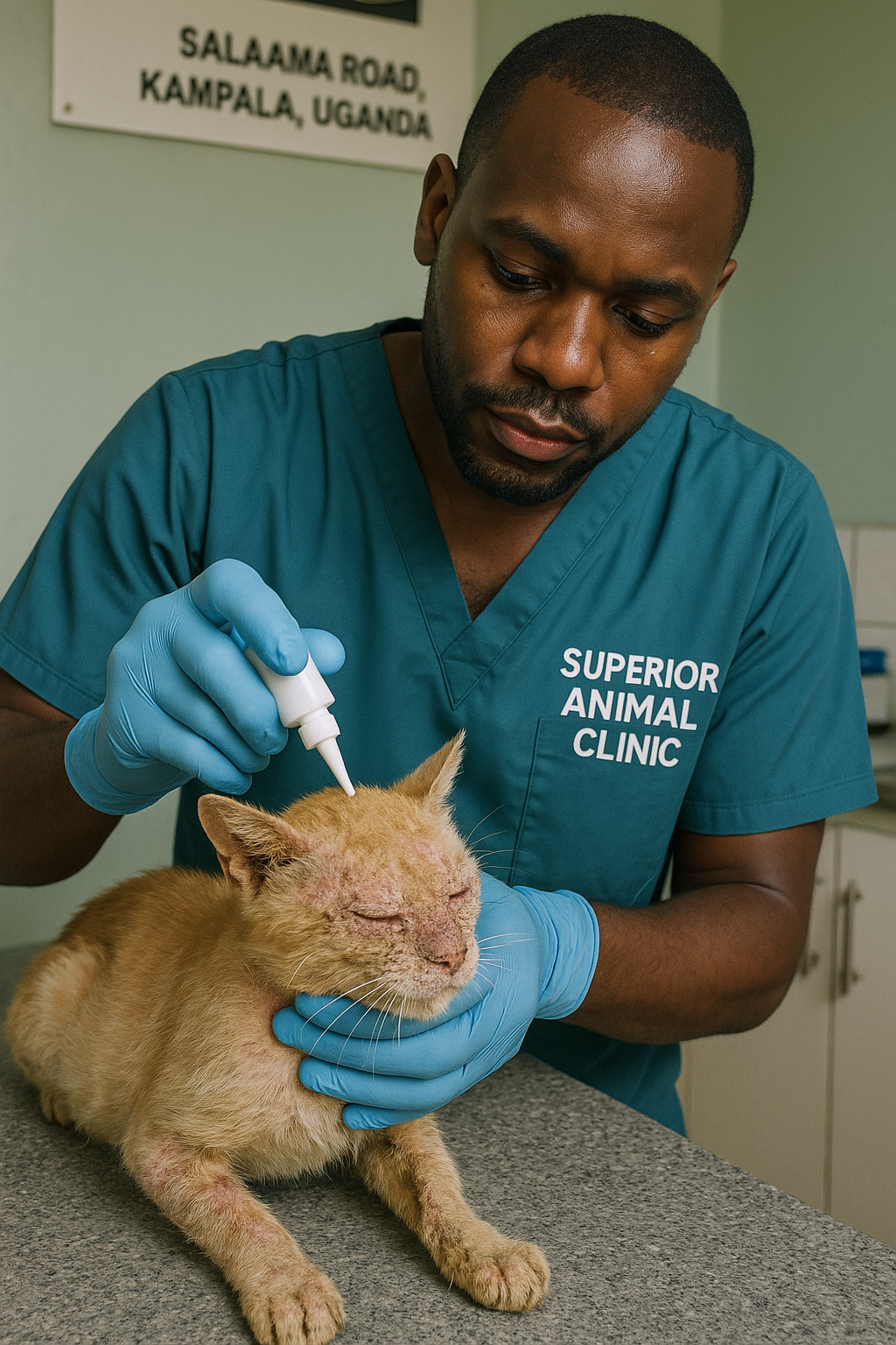 Veterinary doctor in Kampala treating cat with mange at Superior Animal Clinic Salaama Road