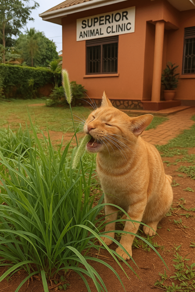 a cat eating spear grass in Kampala, Uganda at Superior Animal Clinic