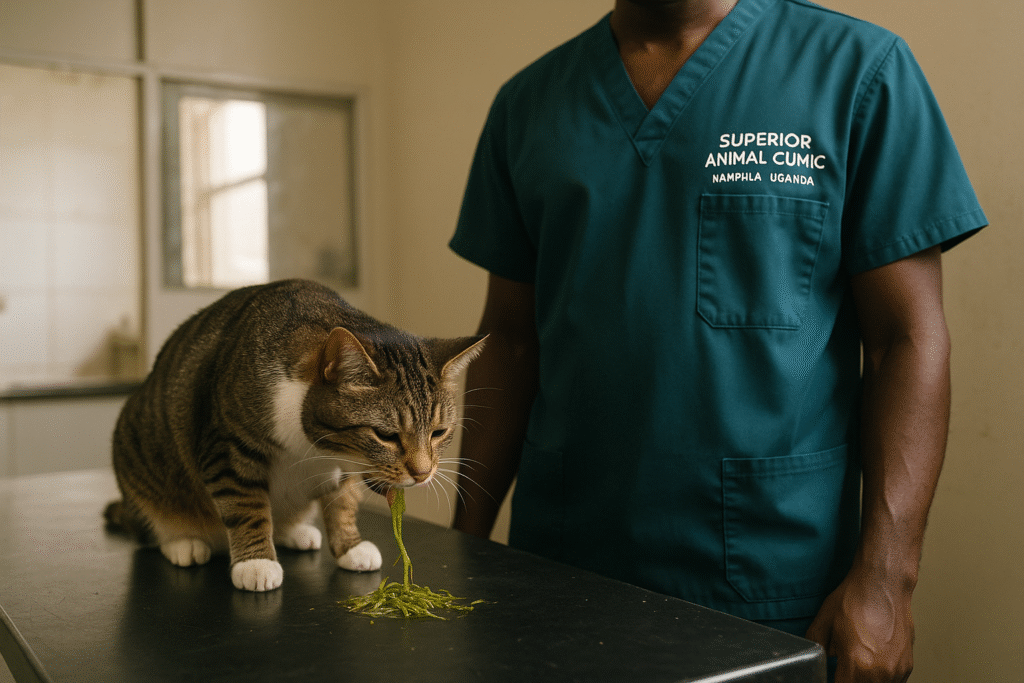 a cat vomiting grass at Superior Animal Clinic in Kampala, Uganda
