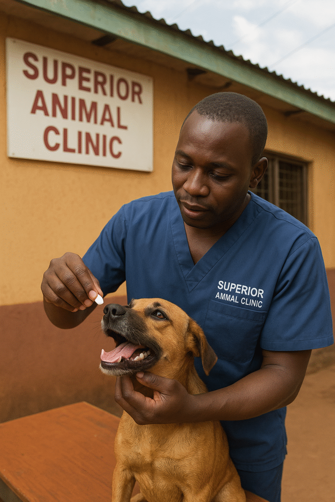 a vet giving a dog appetite stimulant tablet at Superior Animal Clinic in Kampala, Uganda