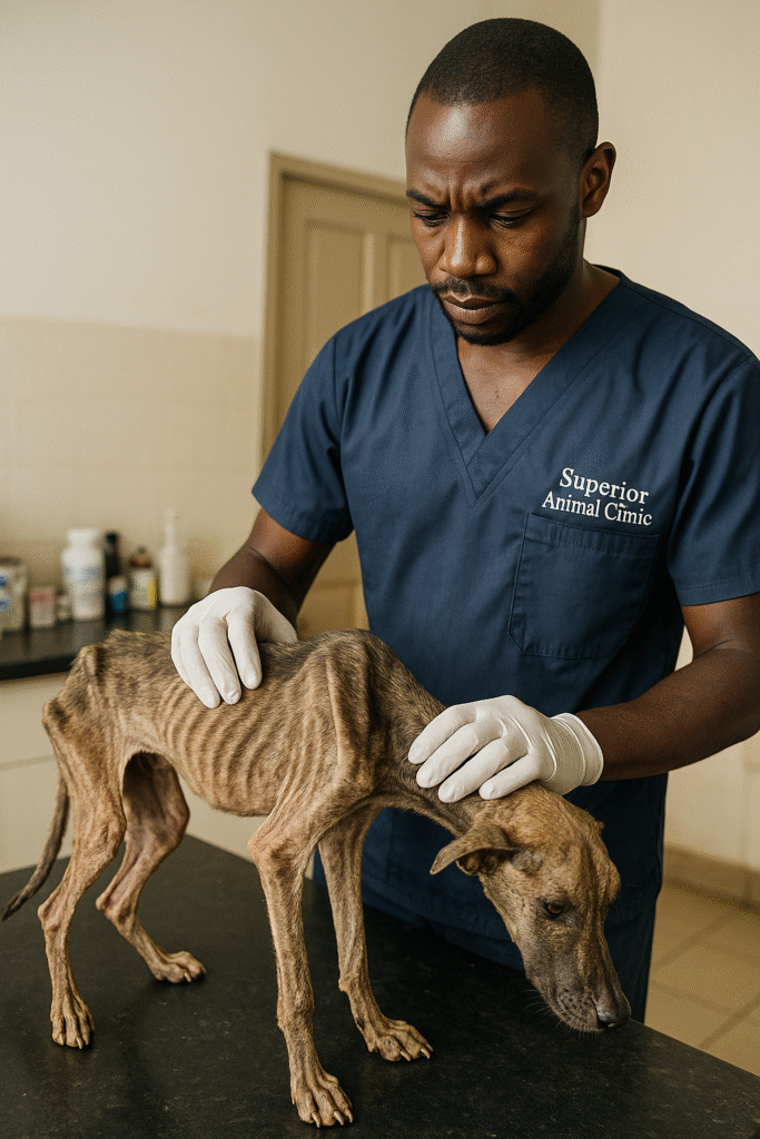 veterinarian in Kampala at Superior Animal Clinic examining an emaciated thin dog on the examination table
