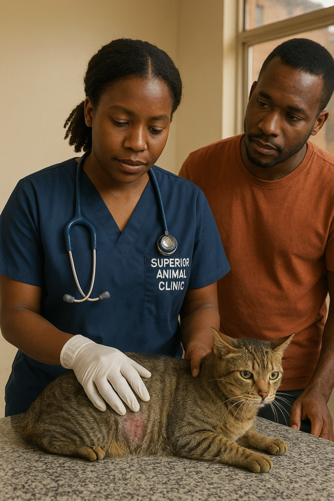 African female veterinarian at Superior Animal Clinic in Makindye, Kampala examining a tabby cat with a skin allergy while the male cat owner listens