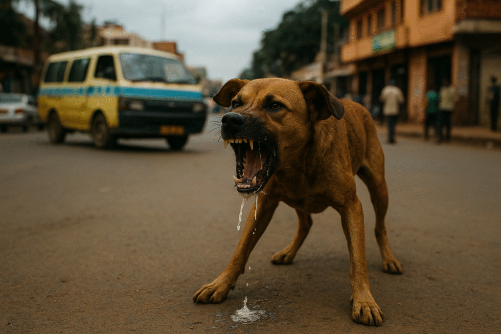 Aggressive dog drooling on a Kampala street showing signs of rabies