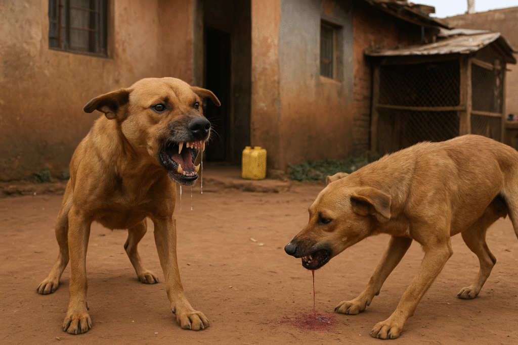 Aggressive dog with drooling mouth showing rabies signs beside another injured dog at a home in Kampala, Uganda