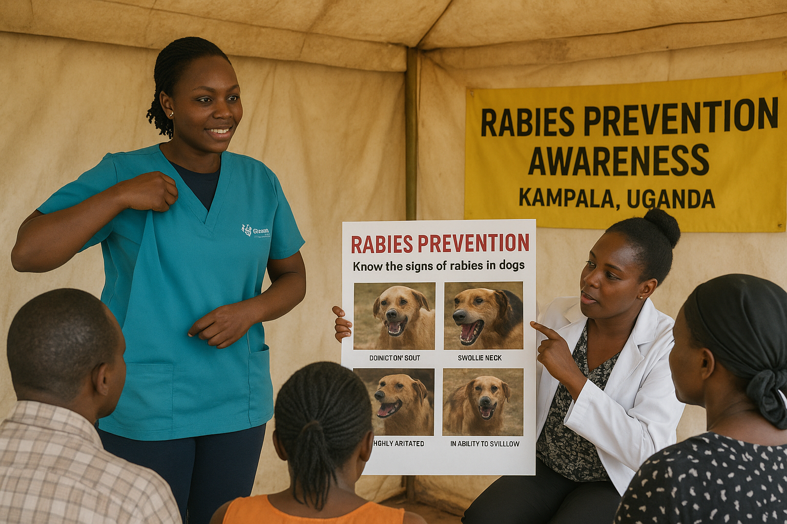 Black female vet teaching dog owners about rabies prevention under a tent in Kampala, Uganda