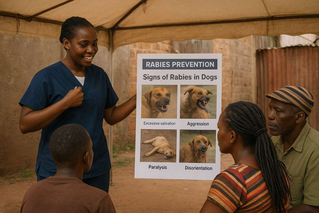 Black female vet teaching dog owners about rabies signs under a tent in Kampala, Uganda