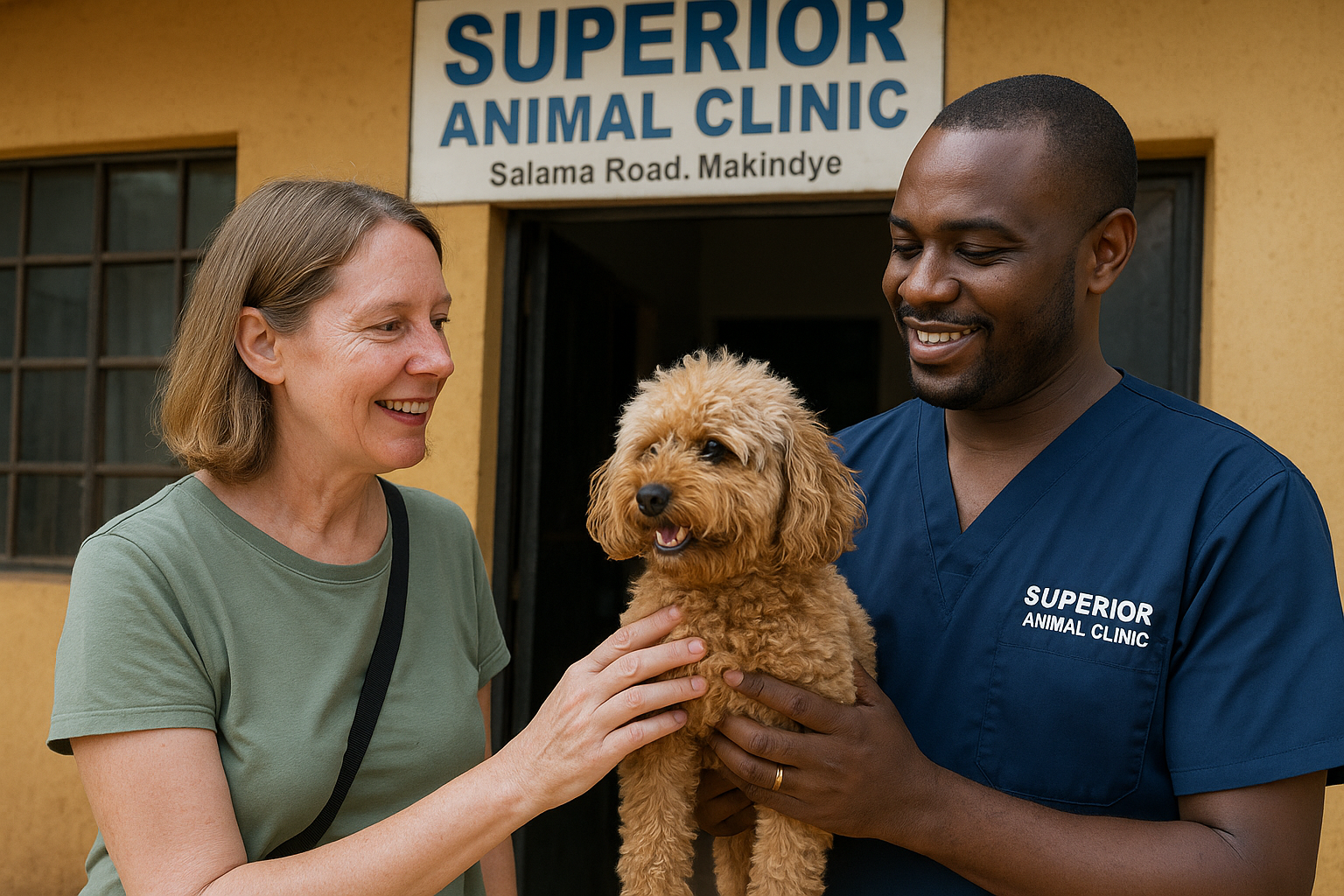 British woman with her dog during a routine check-up at Superior Animal Clinic, Salaama Road Makindye Kampala, Uganda