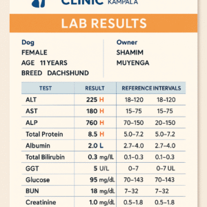 Colorful lab results form from Superior Animal Clinic Kampala for Shamim’s 11-year-old female Dachshund from Muyenga showing liver disease
