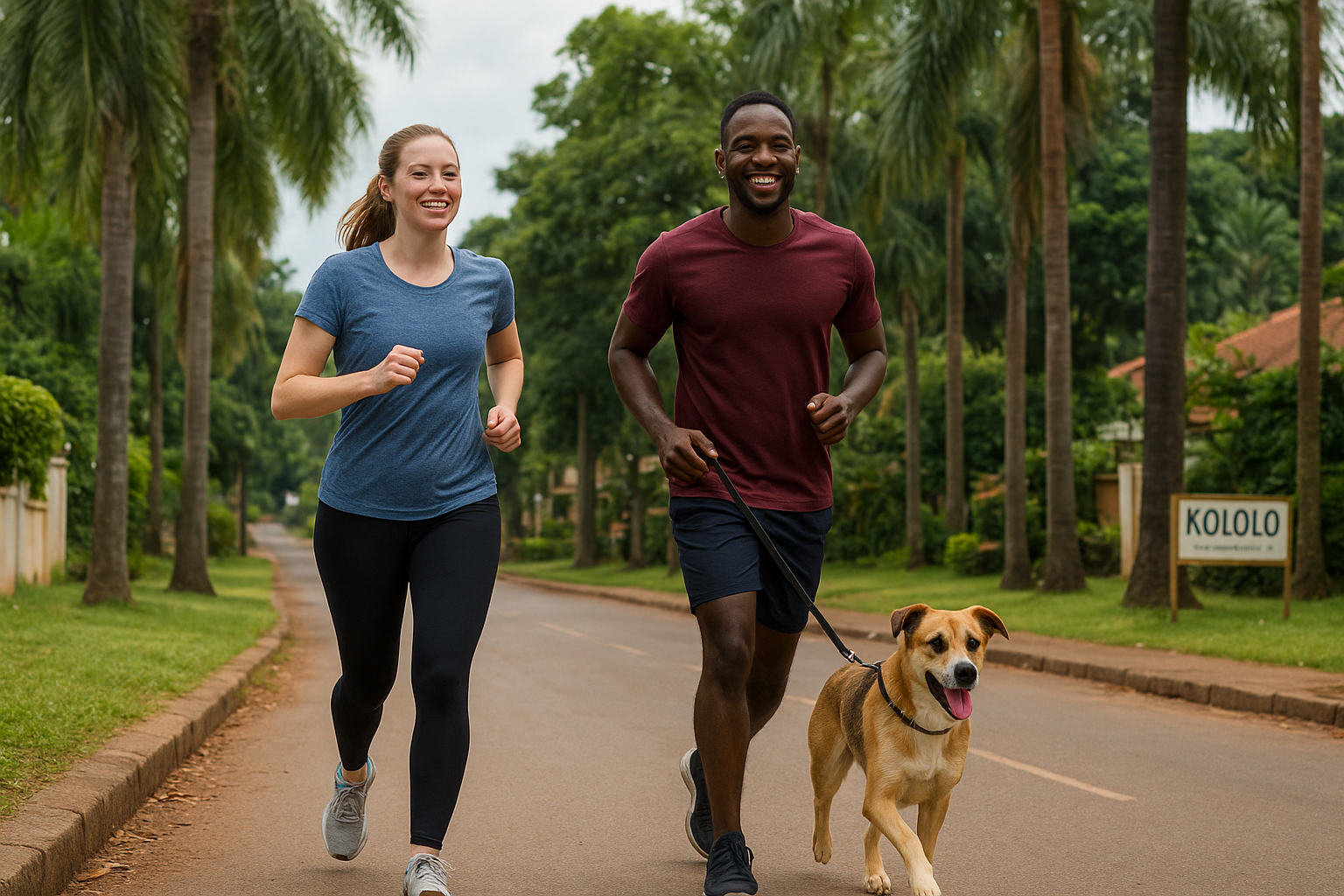 Dog and owner jogging in Kololo pet-friendly neighborhood Kampala Uganda