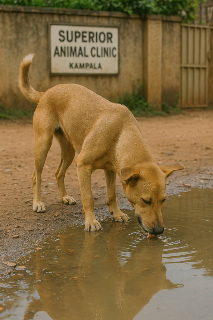 Dog drinking stagnant water outside Superior Animal Clinic Kampala, illustrating leptospirosis transmission risk