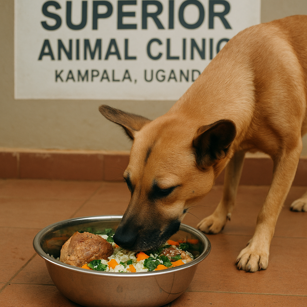 Dog eating a balanced homemade meal prepared with local Ugandan ingredients at Superior Animal Clinic