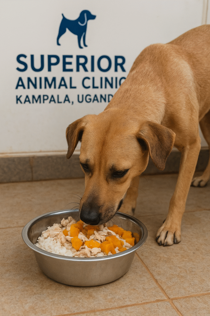 Dog eating rice, pumpkin, and chicken at Superior Animal Clinic Kampala a deit for dog with liver disease