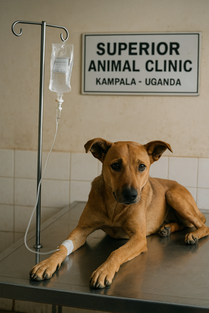 Dog receiving fluids for distemper treatment in Kampala Uganda