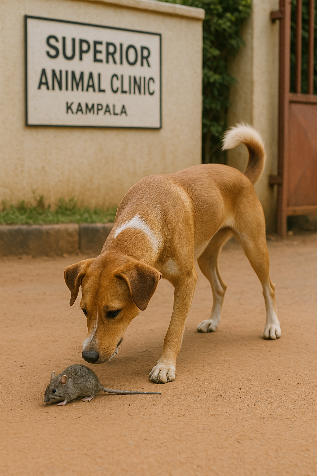Dog sniffing near a rat outside Superior Animal Clinic Kampala, illustrating leptospirosis transmission risk