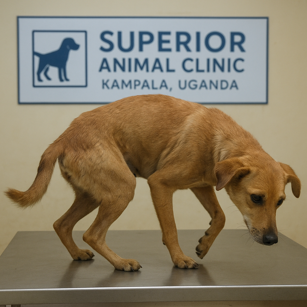 Dog with distemper circling on exam table at Superior Animal Clinic Kampala.