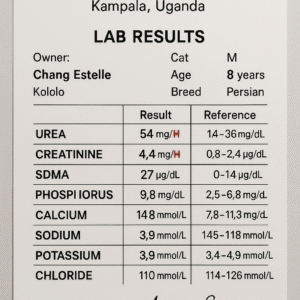 Lab results form from Superior Animal Clinic in Kampala, Uganda, showing kidney disease
