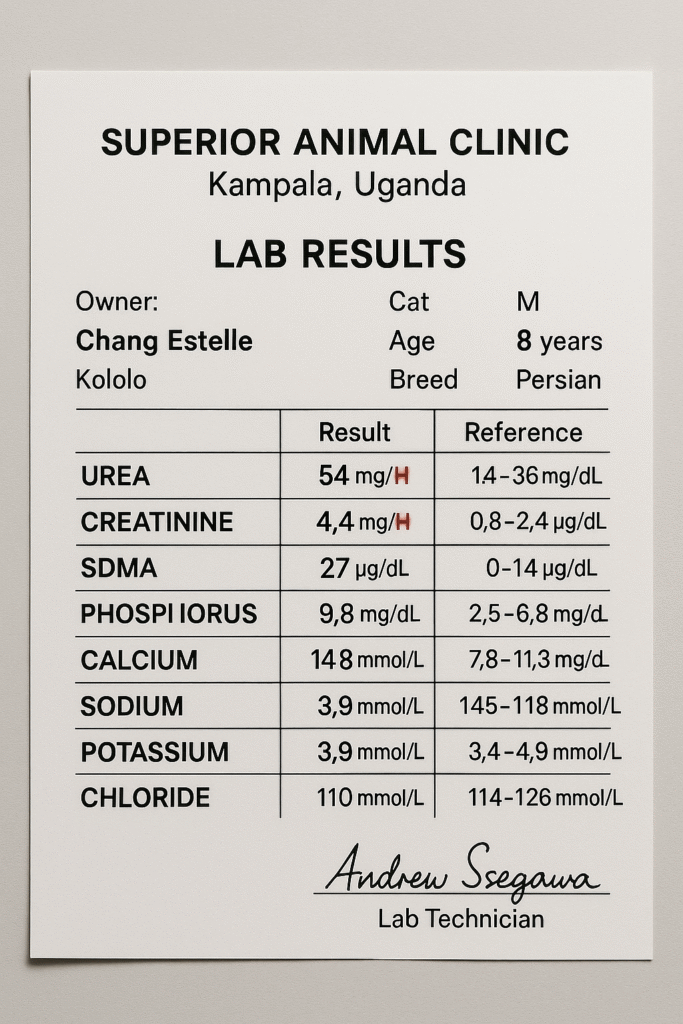 Lab results form from Superior Animal Clinic in Kampala, Uganda, showing kidney disease