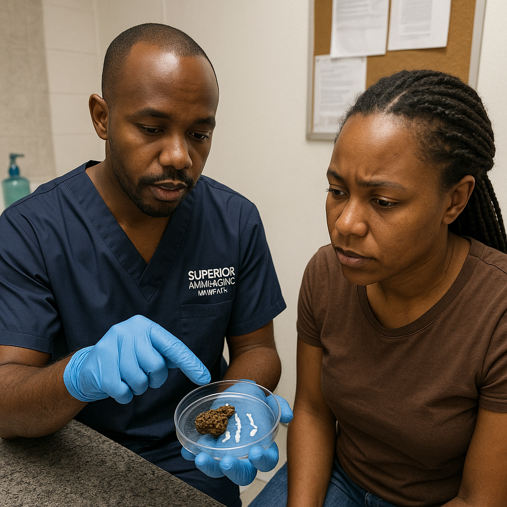 Male veterinarian at Superior Animal Clinic in Kampala, Uganda, showing a female dog owner tapeworm proglottids in a dog’s stool sample during a consultation