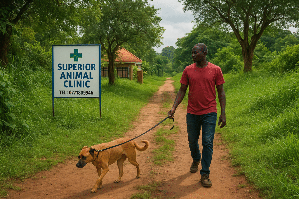 Pet owner walking dog in Makindye Kampala Uganda near Superior Animal Clinic
