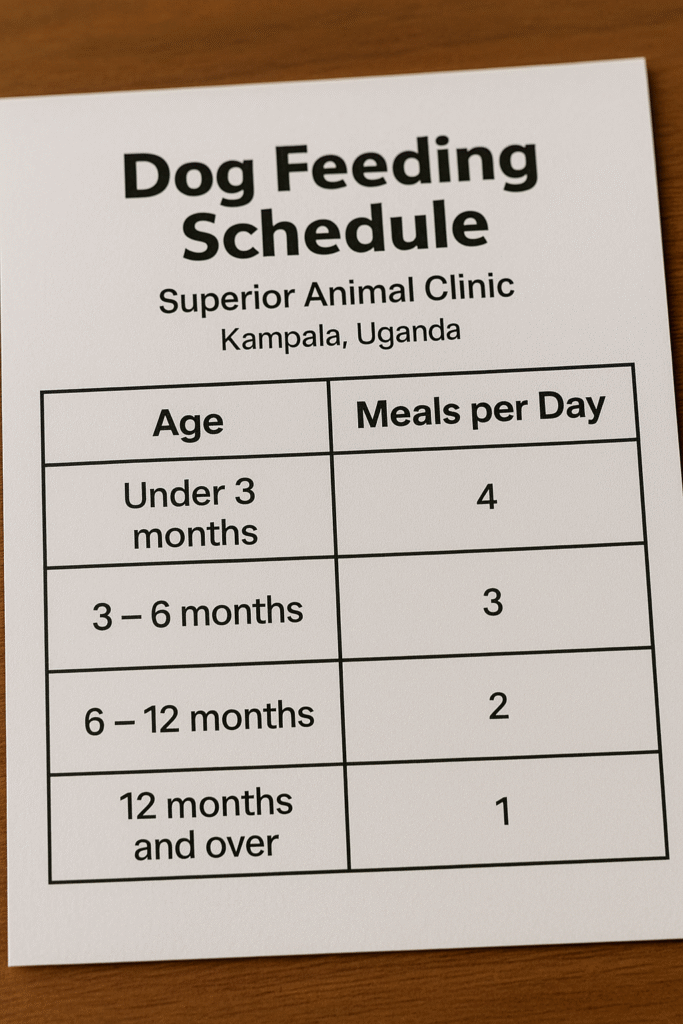 Table showing dog feeding schedule and number of meals per day by age at Superior Animal Clinic Kampala Uganda